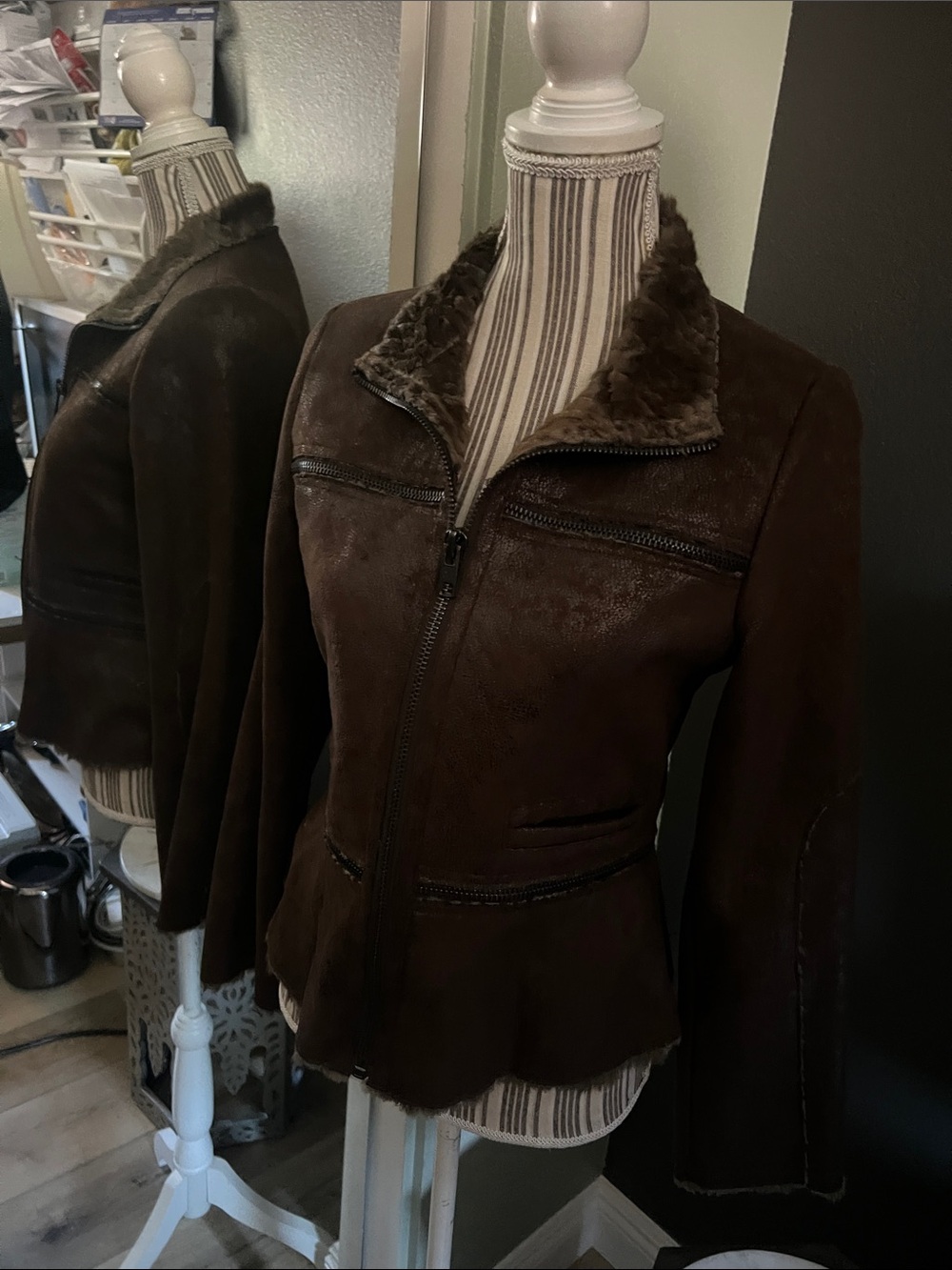 Alberto Makali, XS, Brown Faux-Shearling Zip Front Jacket
